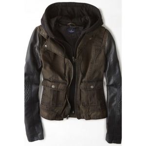 AEO Olive Green Jacket with Faux Leather Sleeves
